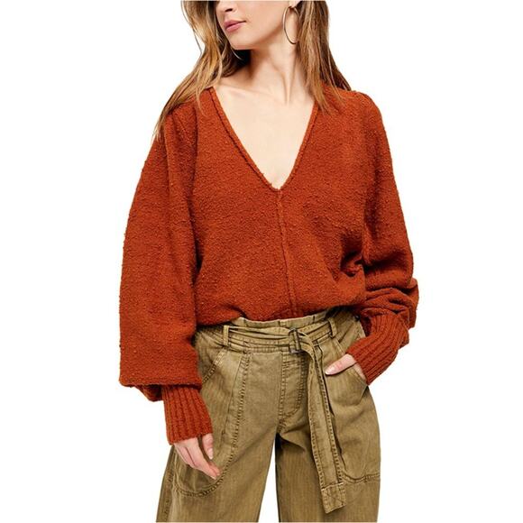 Free People Reverie V-Neck Rib Knit Sweater Balloon Sleeve Burnt Butter XS - Picture 1 of 10